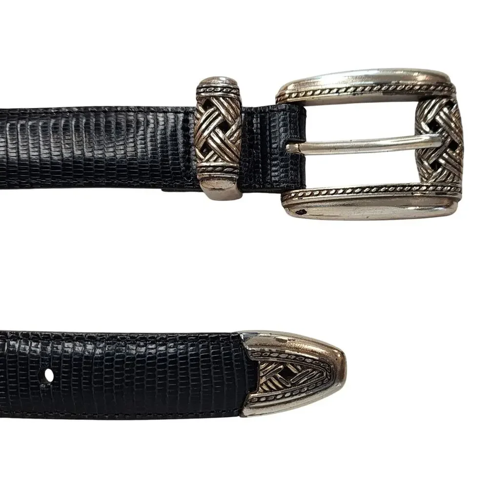 Brighton womens black Leather Belt sz Small Lizard Patern Ornate Silver Hardware